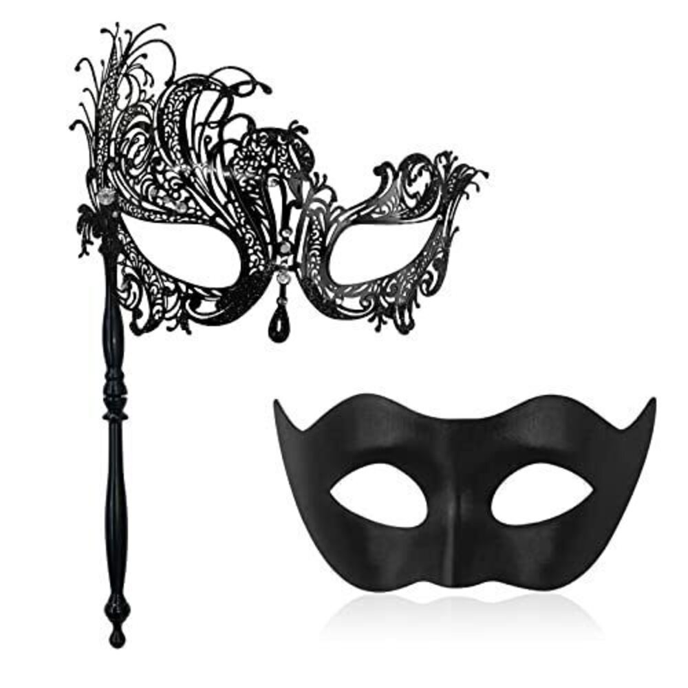 4023 Couple Masquerade Mask with Holding Stick Venetian Metal Masks